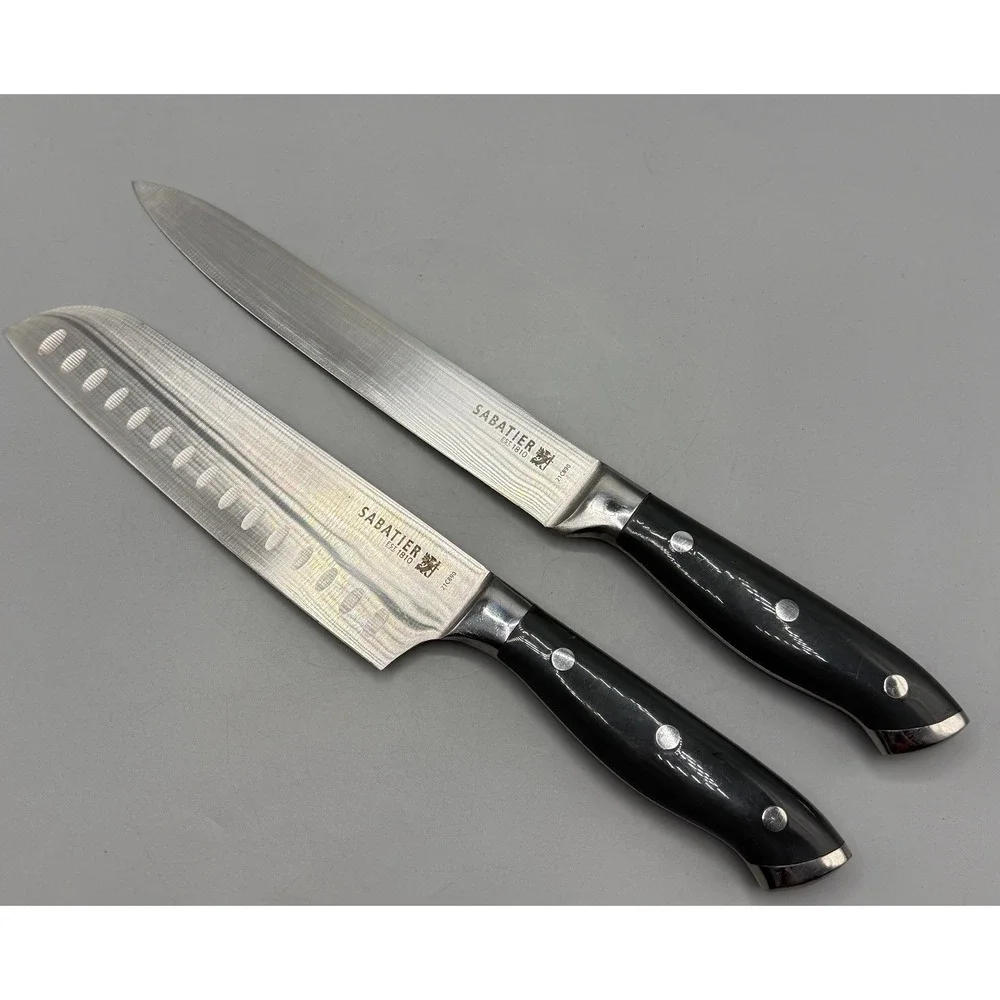 Sabatier 21C890 2 Piece Knife Set 7in Santoku 8in Slicer Damascus Etched Steel